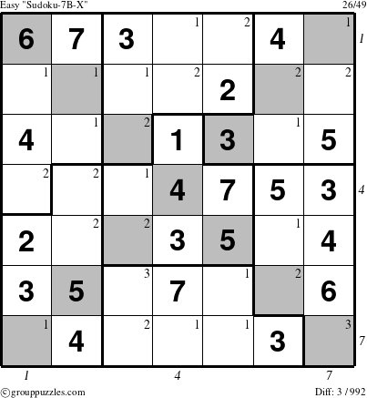 The grouppuzzles.com Easy Sudoku-7B-X puzzle for , suitable for printing, with all 3 steps marked