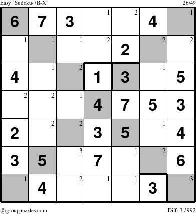 The grouppuzzles.com Easy Sudoku-7B-X puzzle for  with the first 3 steps marked