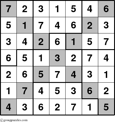 The grouppuzzles.com Answer grid for the Sudoku-7B-X puzzle for 