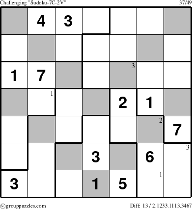 The grouppuzzles.com Challenging Sudoku-7C-2V puzzle for  with the first 3 steps marked