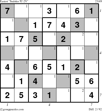 The grouppuzzles.com Easiest Sudoku-7C-2V puzzle for , suitable for printing, with all 2 steps marked