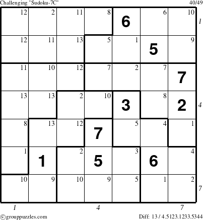 The grouppuzzles.com Challenging Sudoku-7C puzzle for , suitable for printing, with all 13 steps marked