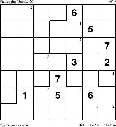 The grouppuzzles.com Challenging Sudoku-7C puzzle for  with the first 3 steps marked