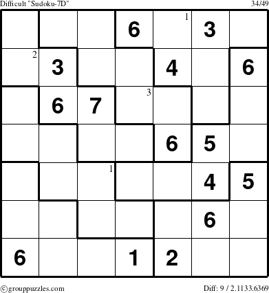 The grouppuzzles.com Difficult Sudoku-7D puzzle for  with the first 3 steps marked