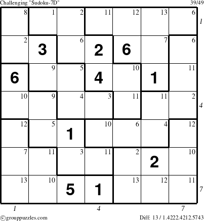 The grouppuzzles.com Challenging Sudoku-7D puzzle for , suitable for printing, with all 13 steps marked