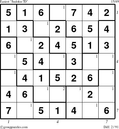 The grouppuzzles.com Easiest Sudoku-7D puzzle for , suitable for printing, with all 2 steps marked