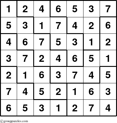 The grouppuzzles.com Answer grid for the Sudoku-7D puzzle for 