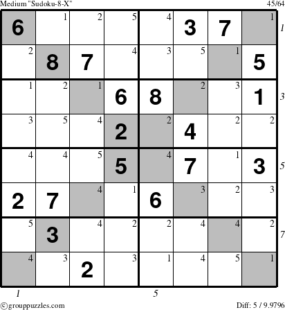 The grouppuzzles.com Medium Sudoku-8-X puzzle for , suitable for printing, with all 5 steps marked