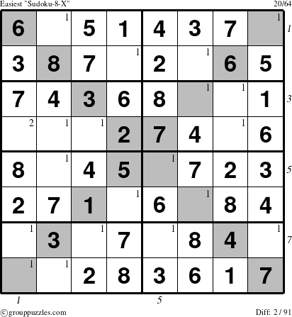 The grouppuzzles.com Easiest Sudoku-8-X puzzle for , suitable for printing, with all 2 steps marked