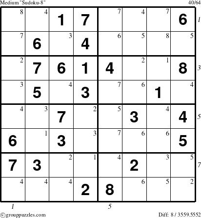 The grouppuzzles.com Medium Sudoku-8 puzzle for , suitable for printing, with all 8 steps marked