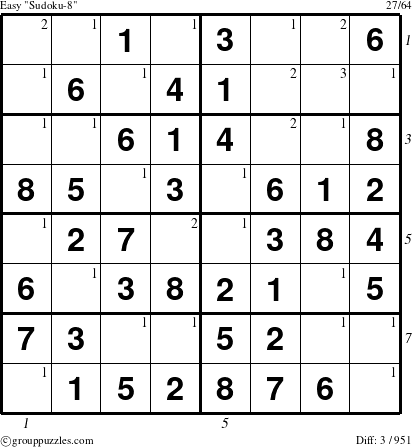 The grouppuzzles.com Easy Sudoku-8 puzzle for , suitable for printing, with all 3 steps marked