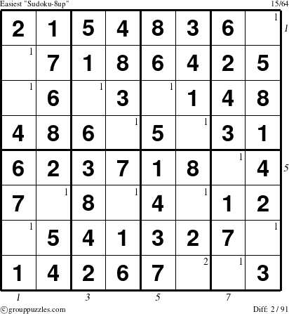 The grouppuzzles.com Easiest Sudoku-8up puzzle for , suitable for printing, with all 2 steps marked