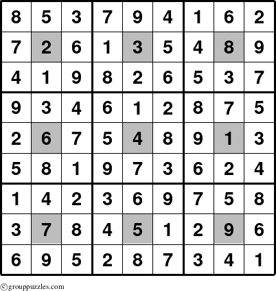 The grouppuzzles.com Answer grid for the Sudoku-Centered puzzle for 