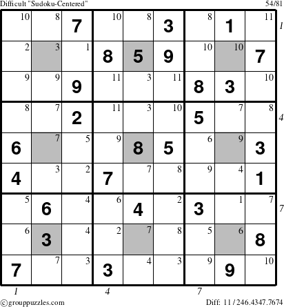 The grouppuzzles.com Difficult Sudoku-Centered puzzle for , suitable for printing, with all 11 steps marked