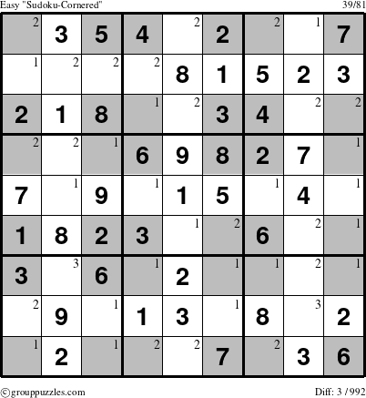 The grouppuzzles.com Easy Sudoku-Cornered puzzle for  with the first 3 steps marked