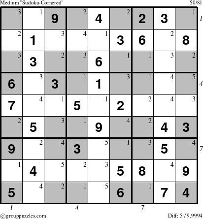 The grouppuzzles.com Medium Sudoku-Cornered puzzle for  with all 5 steps marked