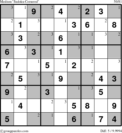 The grouppuzzles.com Medium Sudoku-Cornered puzzle for  with the first 3 steps marked