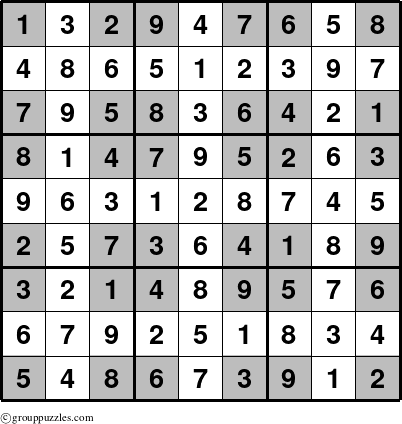 The grouppuzzles.com Answer grid for the Sudoku-Cornered puzzle for 