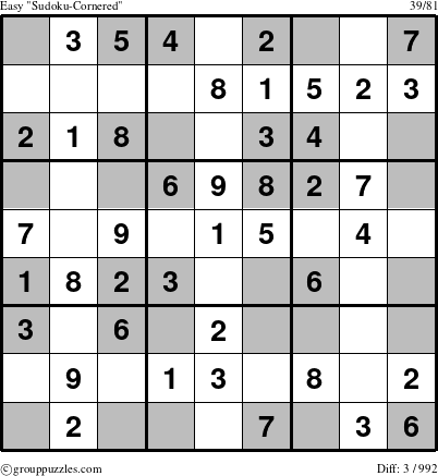 The grouppuzzles.com Easy Sudoku-Cornered puzzle for 