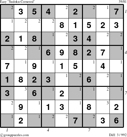 The grouppuzzles.com Easy Sudoku-Cornered puzzle for , suitable for printing, with all 3 steps marked