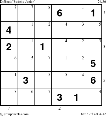 The grouppuzzles.com Difficult Sudoku-Junior puzzle for , suitable for printing, with all 8 steps marked