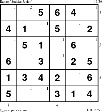 The grouppuzzles.com Easiest Sudoku-Junior puzzle for , suitable for printing, with all 2 steps marked