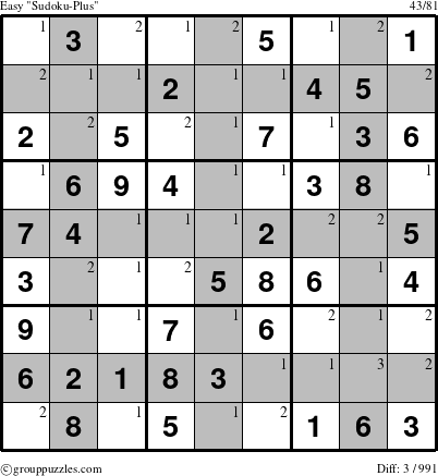 The grouppuzzles.com Easy Sudoku-Plus puzzle for  with the first 3 steps marked