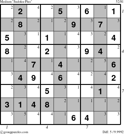 The grouppuzzles.com Medium Sudoku-Plus puzzle for , suitable for printing, with all 5 steps marked