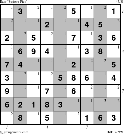 The grouppuzzles.com Easy Sudoku-Plus puzzle for , suitable for printing, with all 3 steps marked