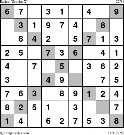 The grouppuzzles.com Easiest Sudoku-X-d2 puzzle for 