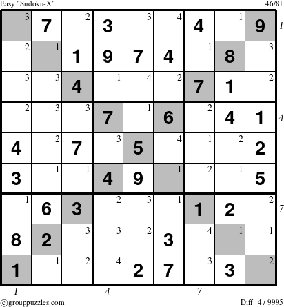 The grouppuzzles.com Easy Sudoku-X-d2 puzzle for , suitable for printing, with all 4 steps marked