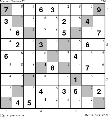 The grouppuzzles.com Medium Sudoku-X puzzle for , suitable for printing, with all 8 steps marked