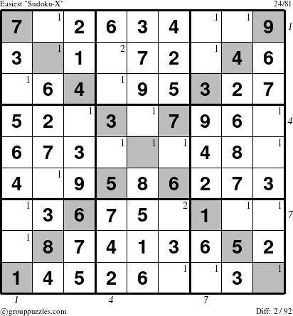 The grouppuzzles.com Easiest Sudoku-X puzzle for , suitable for printing, with all 2 steps marked