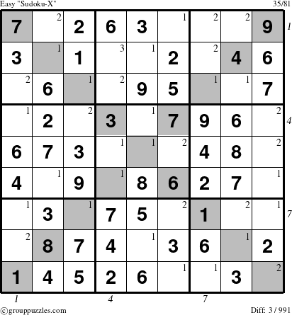 The grouppuzzles.com Easy Sudoku-X puzzle for , suitable for printing, with all 3 steps marked