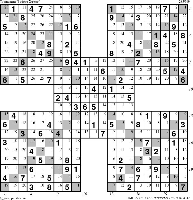 The grouppuzzles.com Tournament Sudoku-Xtreme puzzle for  with all 27 steps marked