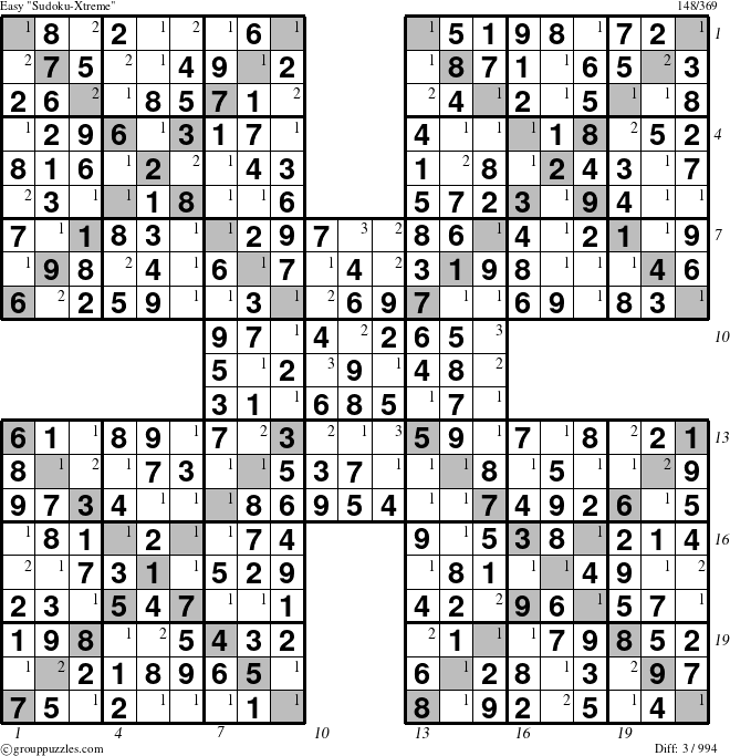 The grouppuzzles.com Easy Sudoku-Xtreme puzzle for , suitable for printing, with all 3 steps marked