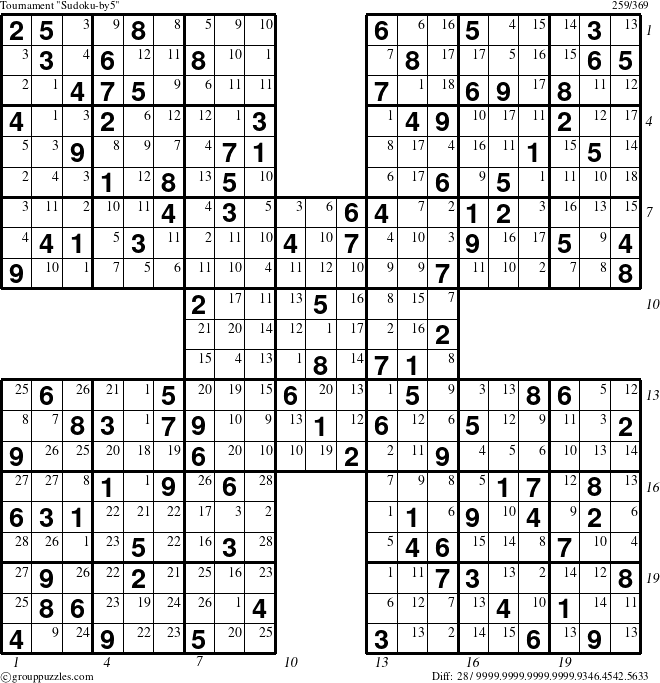 The grouppuzzles.com Tournament Sudoku-by5 puzzle for  with all 28 steps marked