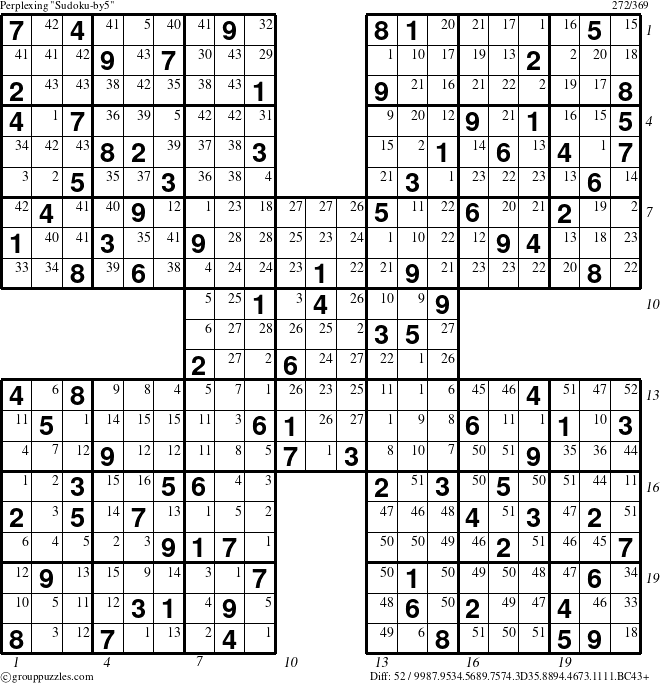 The grouppuzzles.com Perplexing Sudoku-by5 puzzle for , suitable for printing, with all 52 steps marked