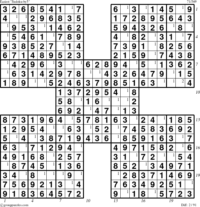 The grouppuzzles.com Easiest Sudoku-by5 puzzle for , suitable for printing, with all 2 steps marked