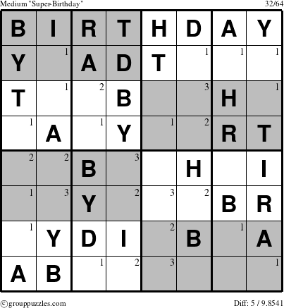 The grouppuzzles.com Medium Super-Birthday puzzle for  with the first 3 steps marked