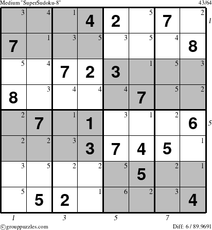 The grouppuzzles.com Medium SuperSudoku-8 puzzle for , suitable for printing, with all 6 steps marked