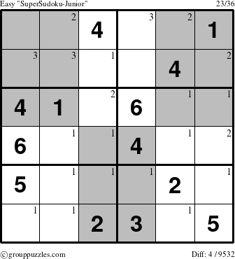 The grouppuzzles.com Easy SuperSudoku-Junior puzzle for  with the first 3 steps marked