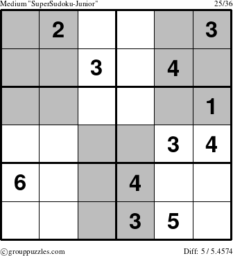 The grouppuzzles.com Medium SuperSudoku-Junior puzzle for 