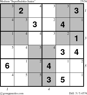 The grouppuzzles.com Medium SuperSudoku-Junior puzzle for  with all 5 steps marked