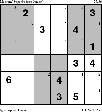 The grouppuzzles.com Medium SuperSudoku-Junior puzzle for  with the first 3 steps marked