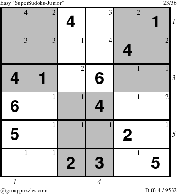 The grouppuzzles.com Easy SuperSudoku-Junior puzzle for , suitable for printing, with all 4 steps marked