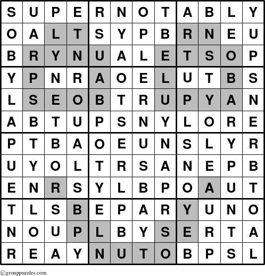 The grouppuzzles.com Answer grid for the Supernotably puzzle for 