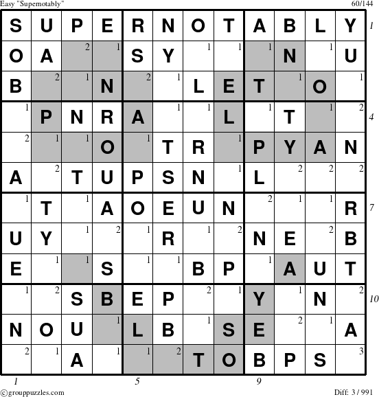 The grouppuzzles.com Easy Supernotably puzzle for  with all 3 steps marked