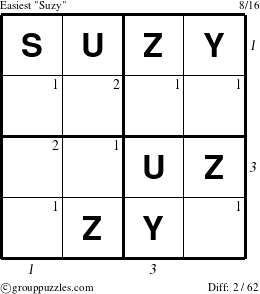 The grouppuzzles.com Easiest Suzy puzzle for  with all 2 steps marked