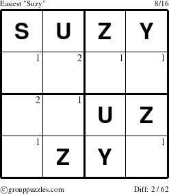 The grouppuzzles.com Easiest Suzy puzzle for  with the first 2 steps marked